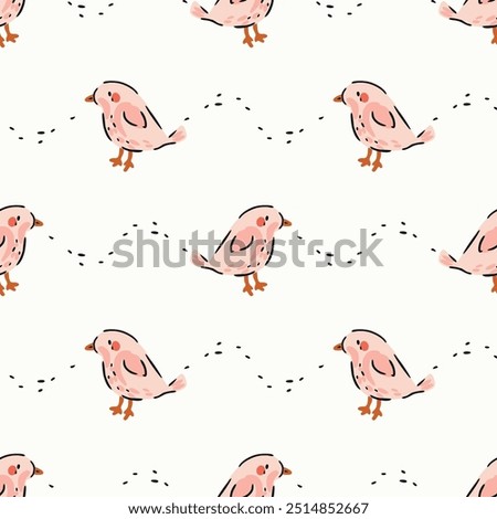 Hand painted cute birds and wavy striped lines in a horizontal pattern in a color palette of red, pink, pastel pink and black on an off-white background. A seamless vector pattern. Great for homedecor