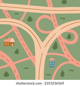 Han pintó un lindo afiche del mapa de la ciudad. Montaje de dibujos animados planos de la ciudad de los niños, carreteras, autopistas y árboles.