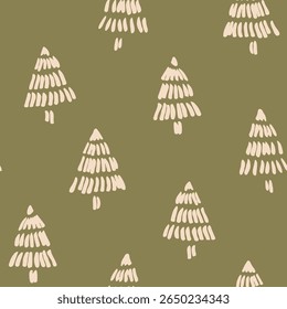 Hand painted cute fir, pine trees forming a minimal holiday pattern in colors of beige on sage green background. Christmas seamless vector pattern. Great for home decor, fabric, wallpaper, gift wrap.