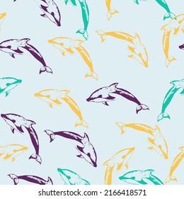 Hand painted cute illustration for design of fabric, wrapping paper, scrapbooking etc Hand painted watercolor pattern with stylized blue dolphin. 