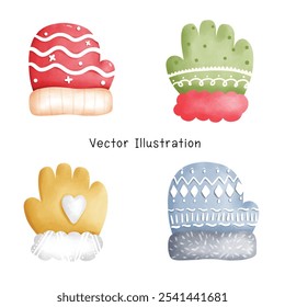 Hand painted cute watercolor gloves in pastel colors, perfect for winter fashion art and cozy decoration. This delicate illustration captures the warmth of the gloves with an artistic 