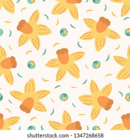 Hand painted daffodil. Large scale floral vector seamless pattern. White background. Easter spring bloom. Drawn yellow garden flowers. Bold petal power foliage all over print. Retro vintage style.