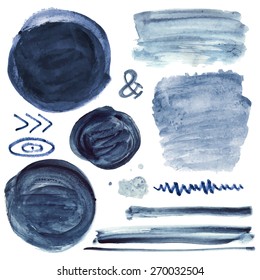 Hand painted decor elements set,drawing ink,watercolor badge, scroll banner,labels,branch .Grunge distressed  texture set.Isolated Vector.Dark blue design template.Retro,vintage