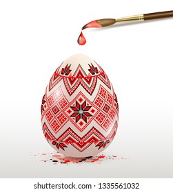 Hand painted decorative Easter egg and paintbrush. Ukrainian traditional folk painting art style. Realistic vector illustration.