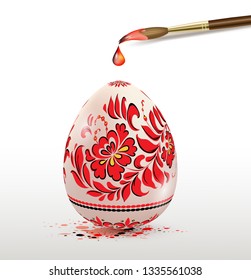 Hand painted decorative Easter egg with red floral ornament and paintbrush. Ukrainian traditional folk painting art style. Realistic vector illustration.