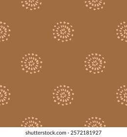 Hand painted decorative polka dots arranged to form an ethnic pattern in a color palette of cream and brown. A seamless vector pattern. Great for home decor, fabric, wallpaper, gift wrap, stationery.