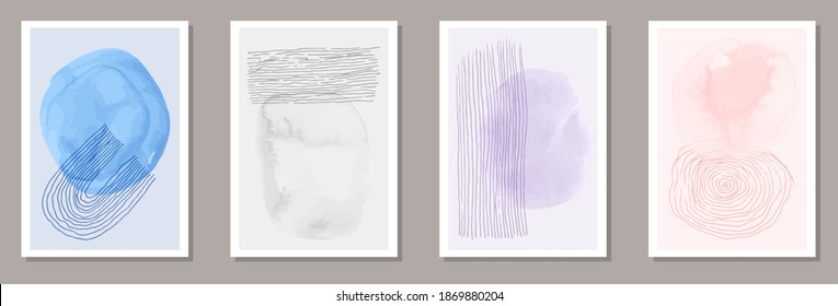 Hand painted decorative posters vector collection. Watercolor stains backgrounds. 20s style design. Cool wall poster templates. Scribble elements.