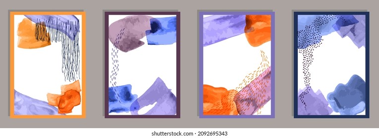 Hand painted decorative posters vector collection. Watercolor smudges patterns. Scandinavian style design. Youth home decor templates. Brush stroke elements.