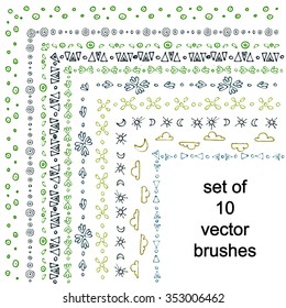Hand painted decorative set of vector brushes with corner tiles. Dividers, borders, ornaments. 