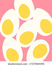 Diseño pintado a mano con huevos cocidos en amarillo y blanco sobre fondo rosa.