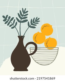 Diseño pintado a mano con cerámica, plantas y frutas.