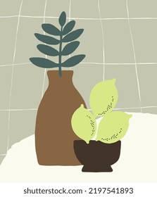 Hand painted design with ceramic pottery, plants and fruits.