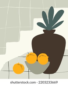 Diseño pintado a mano con cerámica, plantas y frutas.