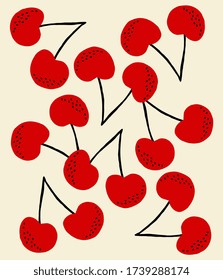 Hand painted design with cherries in red and black on cream background.