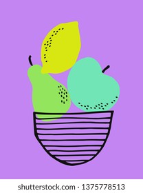 Hand painted design with colorful fruits and black bowl on violet background.