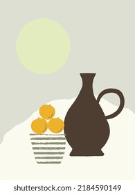 Hand painted design with oranges and ceramic pottery.