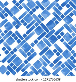 Hand painted diagonal geometric tile in blue. Mosaic seamless vector pattern
