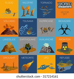 Hand painted disaster icon set. Vector design illustration. Flood, wildfire, tornado, hurricane, volcano, tsunami, landslide, earthquake, avalanche, biohazard, radiation, ufo, refugees, and drought i