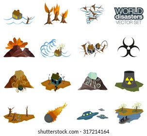 Hand painted disaster icon set. Vector design illustration. Flood, wildfire, tornado, hurricane, volcano, tsunami, landslide, earthquake, avalanche, biohazard, radiation, ufo, refugees, and drought i