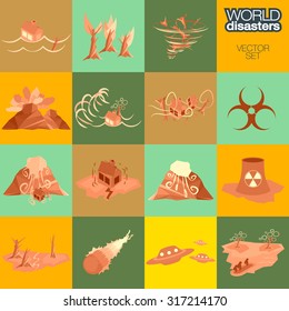 Hand painted disaster icon set. Vector design illustration.
Different disasters icons. Flood, wildfire, tornado, hurricane, volcano, tsunami, landslide, earthquake, avalanche, biohazard, radiation