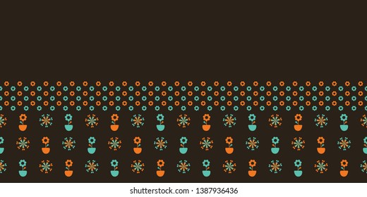 Hand painted ditsy floral vector seamless border pattern. Coral brown background. Stylized folk art blooms. Hand drawn garden flower in pot. Bold petal power foliage ribbon trim. Retro vintage style