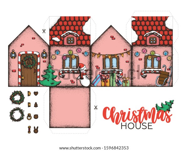 Hand Painted Dotwork Vector Christmas House Stock Vector Royalty