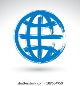 Hand painted earth globe icon isolated on white background, simple blue sphere symbol created with real ink hand drawn brush scanned and vectorized.