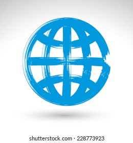Hand painted earth globe icon isolated on white background, simple blue sphere symbol created with real ink hand drawn brush scanned and vectorized.