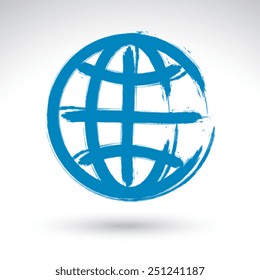 Hand painted earth globe icon isolated on white background, simple blue sphere symbol created with real ink hand drawn brush scanned and vectorized.
