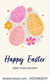 Hand painted Easter background. Design of a greeting card with ornate eggs and flowers. Vector illustration