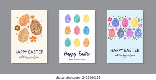 Conjunto de fondos de Pascua pintados a mano. Diseño de una tarjeta de felicitación con huevos ornamentados y flores. Ilustración de vector