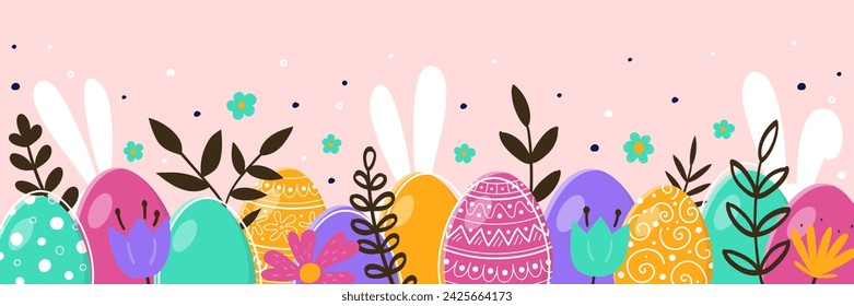 Hand painted Easter eggs, bunnies, and flowers. Abstract banner. Panoramic header. Vector illustration