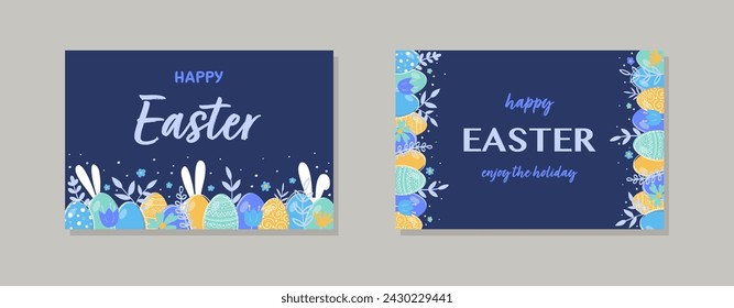 Hand painted Easter eggs, bunnies and flowers. Abstract backgrounds set. Vector illustration