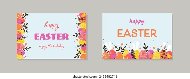 Hand painted Easter eggs, bunnies and flowers. Abstract backgrounds set. Vector illustration