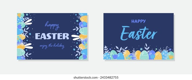 Hand painted Easter eggs, bunnies and flowers. Abstract backgrounds set. Vector illustration