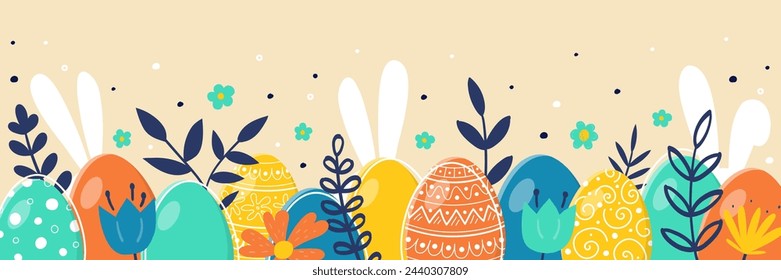 Hand painted Easter eggs, bunnies, and flowers. Abstract banner. Panoramic header. Vector illustration