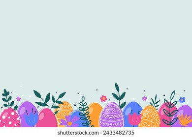 Hand painted Easter eggs and flowers. Abstract background. Vector illustration