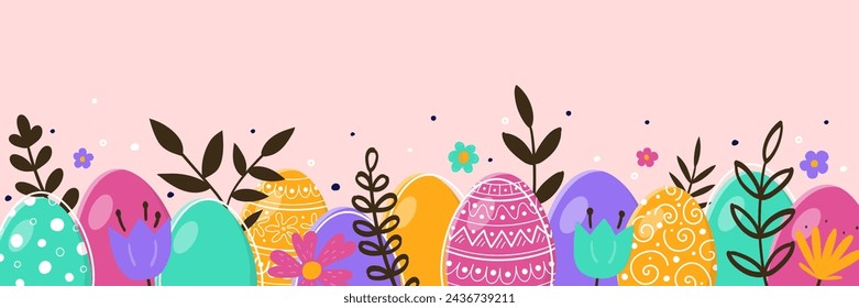 Hand painted Easter eggs and flowers. Abstract banner. Panoramic header. Vector illustration
