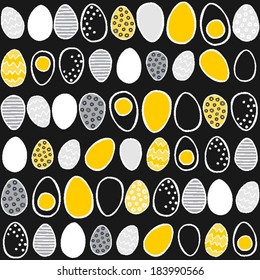 Hand painted eggs in rows yellow gray Easter illustration spring holiday seamless pattern on dark background