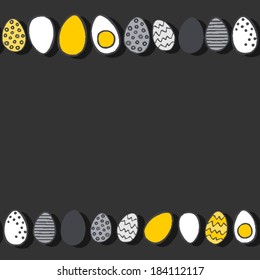 Hand painted eggs in rows yellow gray Easter illustration spring holiday seamless double horizontal border on dark background
