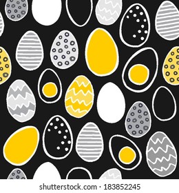 hand painted eggs yellow gray Easter illustration spring holiday seamless pattern on dark  background