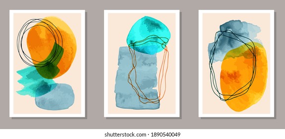 Hand painted elegant canvas vector collection. Watercolor stains texture. 20s style frames. Stylish home decor templates. Scribble elements.