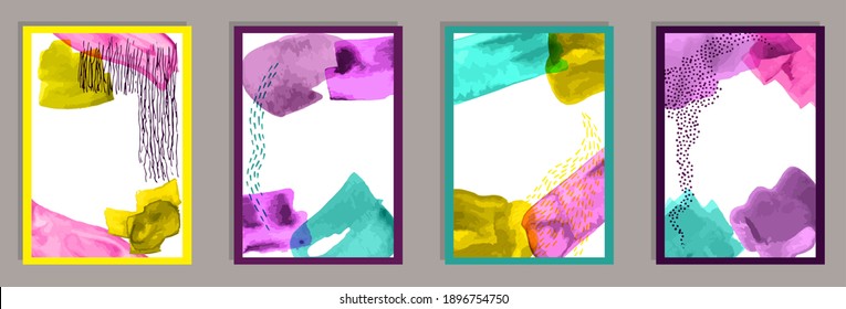 Hand painted elegant canvas vector set. Watercolor spots shapes. Nordic style design. Cool house decor layouts. Doodle elements.