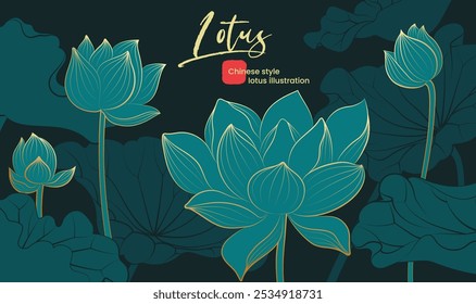 Hand painted elegant Chinese style illustration of Lotus lotus leaves on a dark background