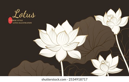 Ilustración lineal elegante pintada a mano de la hoja de loto Lotus sobre un fondo oscuro