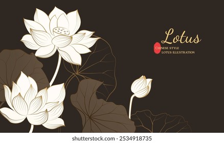 Ilustración lineal elegante pintada a mano de flores de loto sobre un fondo oscuro