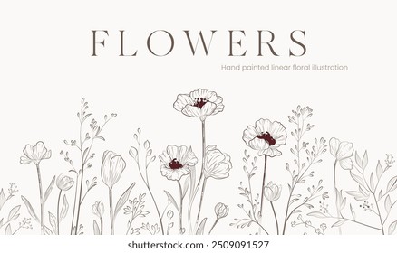 Hand painted elegant linear illustrations of wild plants and meadow flowers on light background