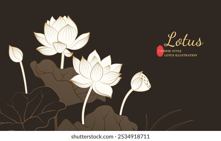 Hand painted elegant linear lotus illustrations on dark background