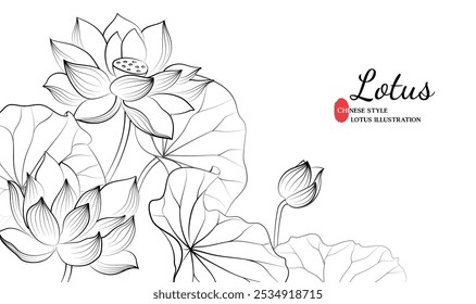 Hand painted elegant linear lotus illustrations on white background