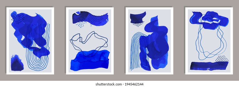 Hand painted elegant posters vector set. Watercolor spots patterns. Nordic style design. Youth home decor layouts. Brush stroke elements.